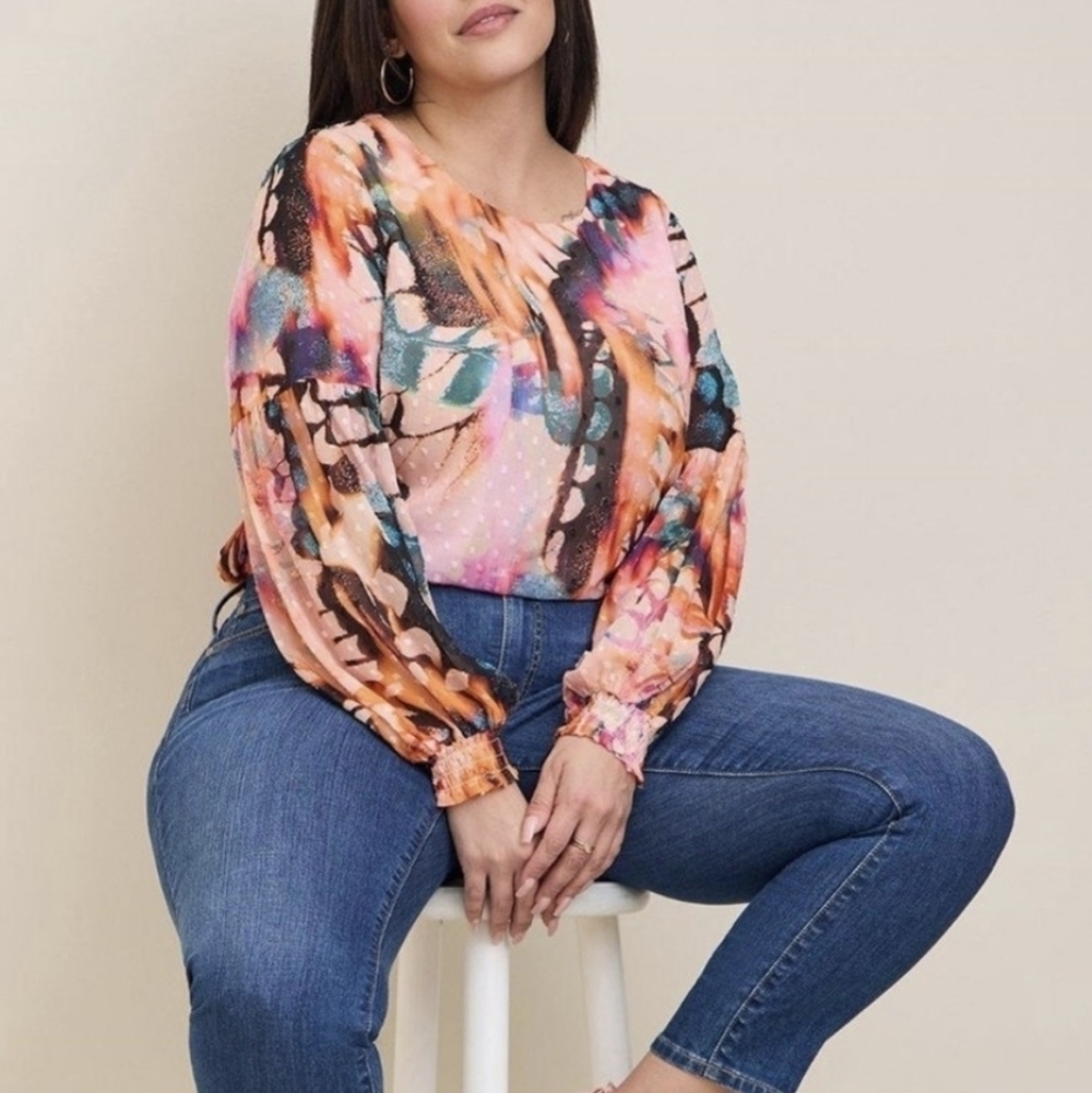 Torrid chiffon Clip Dot Boho Blouse Baloon Sleeves  abstract butterfly print 2x